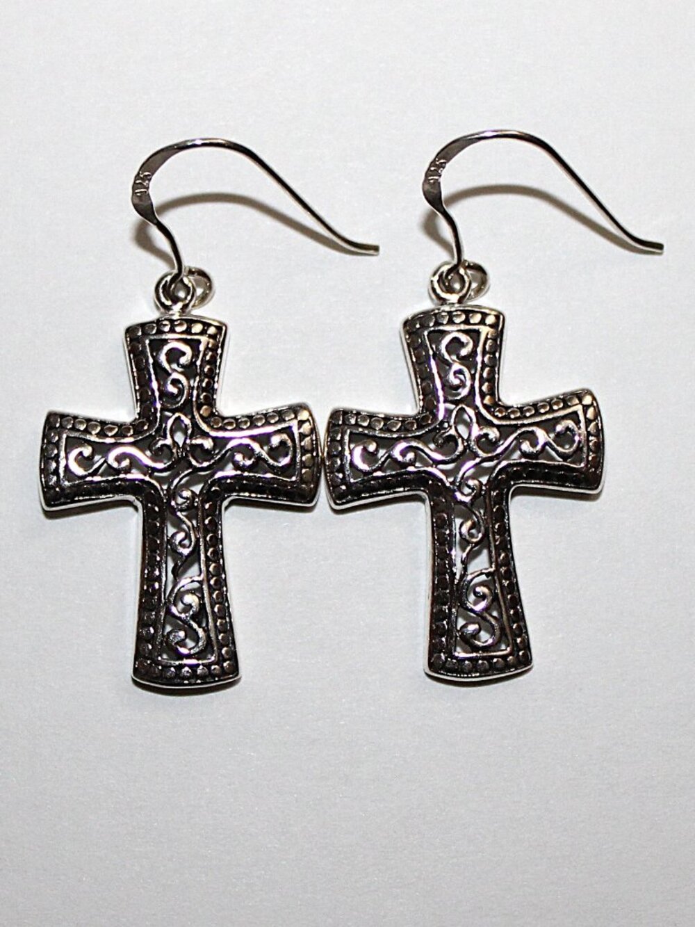 Sterling Silver Scroll Work Cross Dangle Earrings
